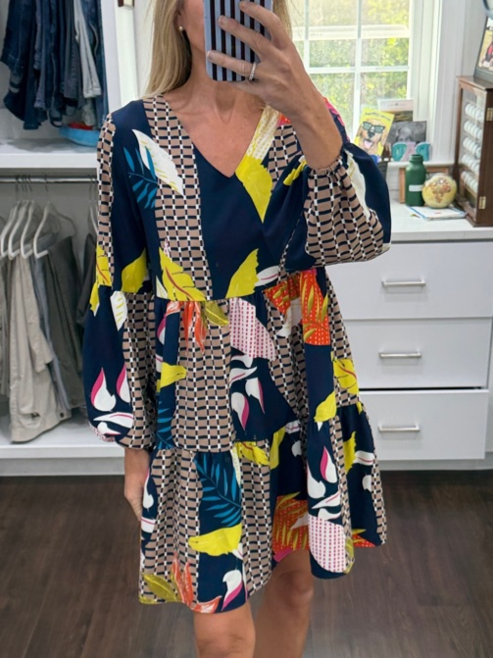 Amazon Navy Multicolor Tiered V-Neck Mini Dress